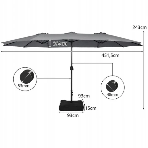 Parasol ogrodowy 451 x 243 cm szary Costway