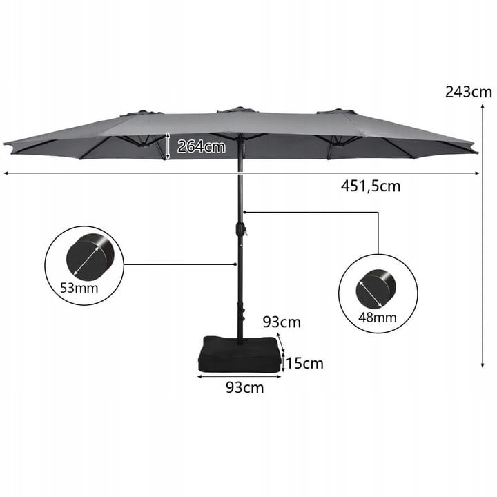 Parasol ogrodowy 451 x 243 cm szary Costway