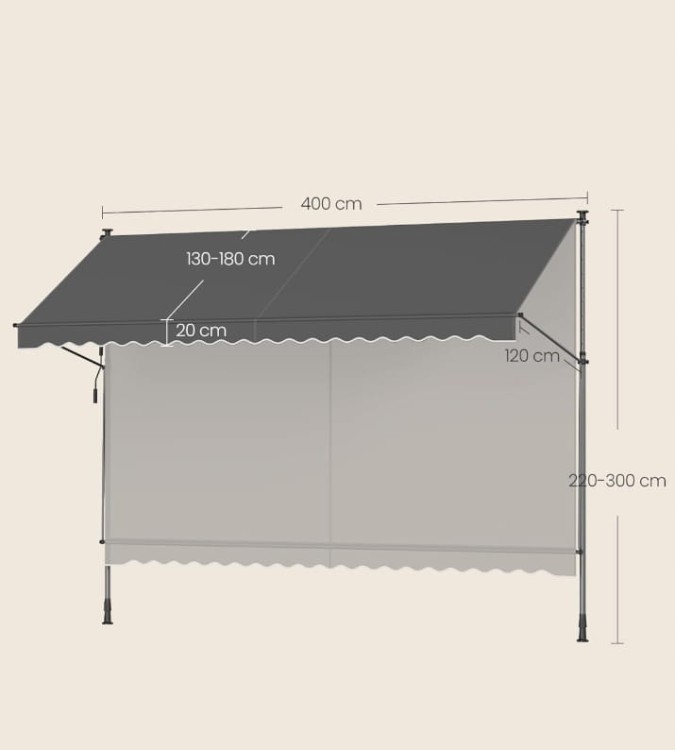 Markiza z regulacją wysokości 400 x 120 cm tkanina, kolor antracytowy