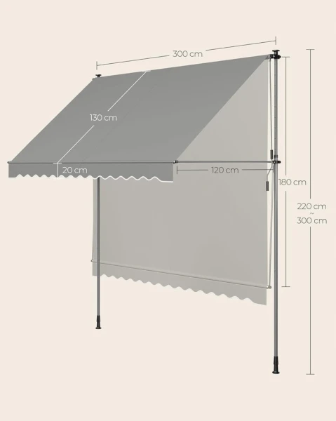 Markiza z regulacją wysokości 300 x 120 cm tkanina, szary