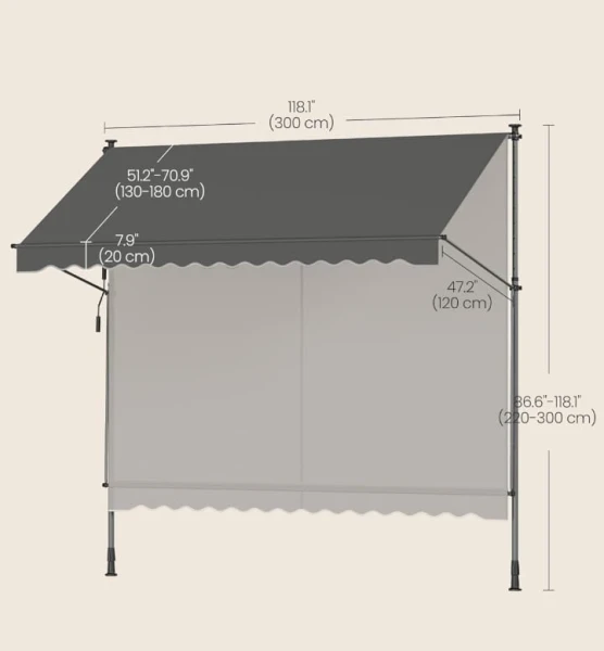 Markiza z regulacją wysokości 300 x 120 cm tkanina, antracytowy szary