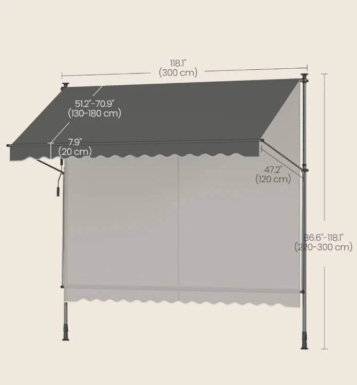 Markiza z regulacją wysokości 300 x 120 cm tkanina, antracytowy szary