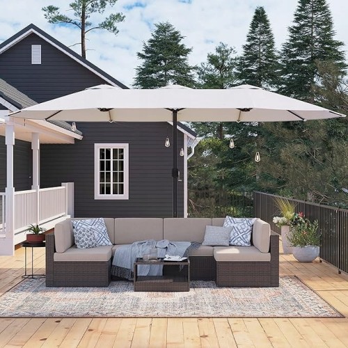 Podwójny parasol ogrodowy 460 x 270 cm UPF 50+, z korbą, beżowy SONGMICS