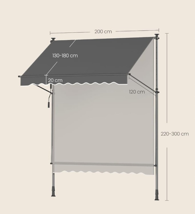 Markiza z regulacją wysokości 200 x 120 cm tkanina, antracyt SONGMICS