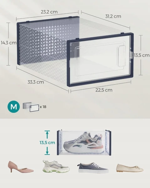 Zestaw 18 pudełek modułowych na buty, przezroczysty + niebieski SONGMICS
