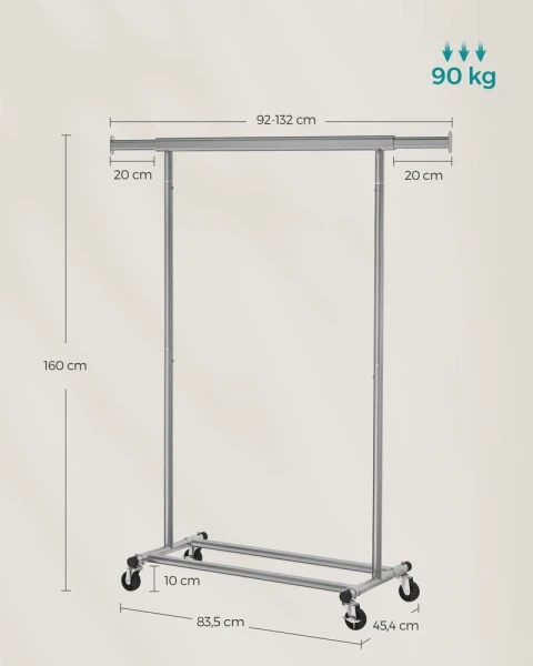 Wieszak na ubrania, wysuwany, na kółkach, do 90 kg, szary SONGMICS