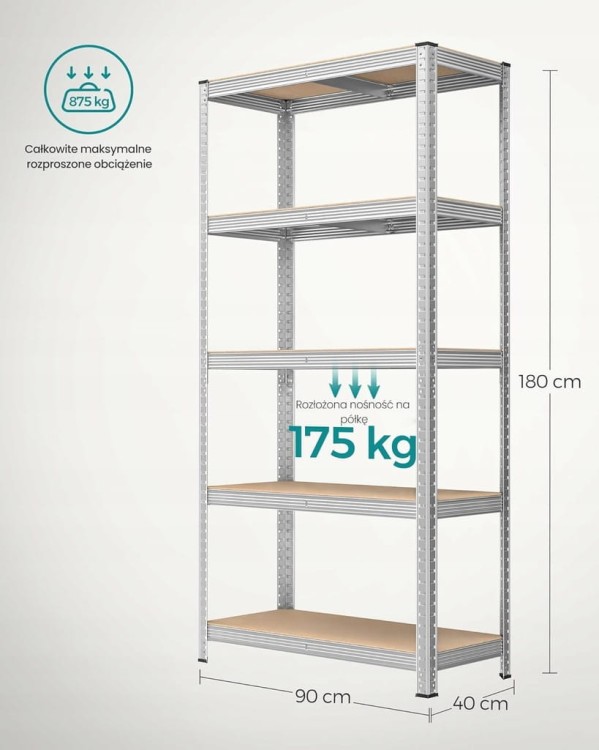 Zestaw 2 x 5-poziomowe regały, do 875 kg, 90 x 180 x 40 cm srebrny SONGMICS