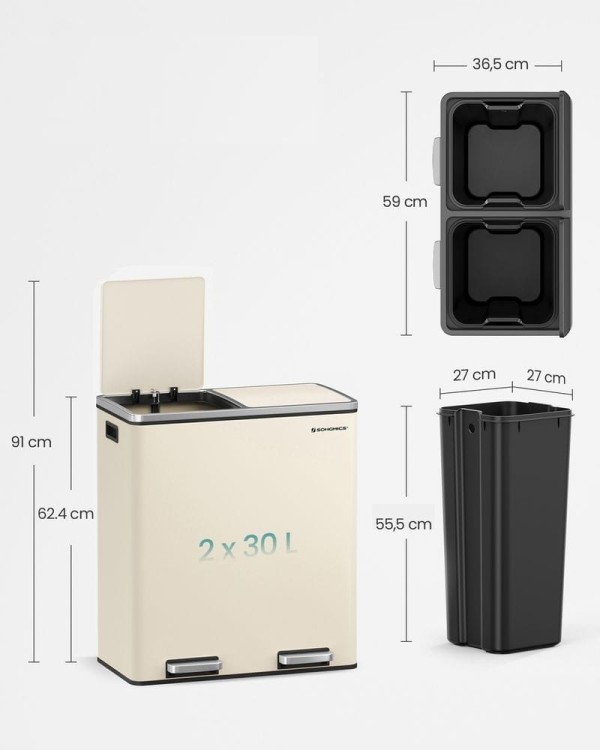 Kosz na śmieci 2-komorowy 2x30L, wyjmowane wiadro, beżowy SONGMICS