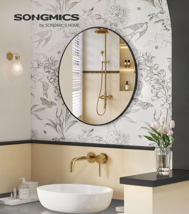 Lustro ścienne 76 cm, okrągłe, czarna metalowa rama SONGMICS