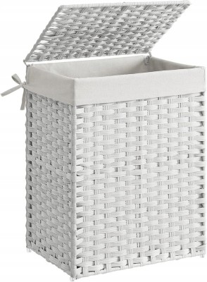 Kosz na pranie ręcznie pleciony, 90 L, syntetyczny rattan, biały SONGMICS