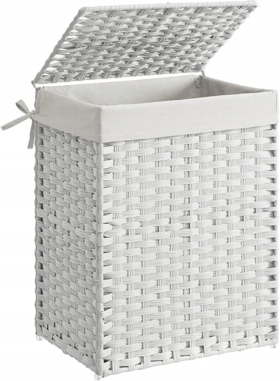 Kosz na pranie ręcznie pleciony, 90 L, syntetyczny rattan, biały SONGMICS