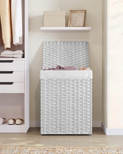 Kosz na pranie ręcznie pleciony, 90 L, syntetyczny rattan, biały SONGMICS