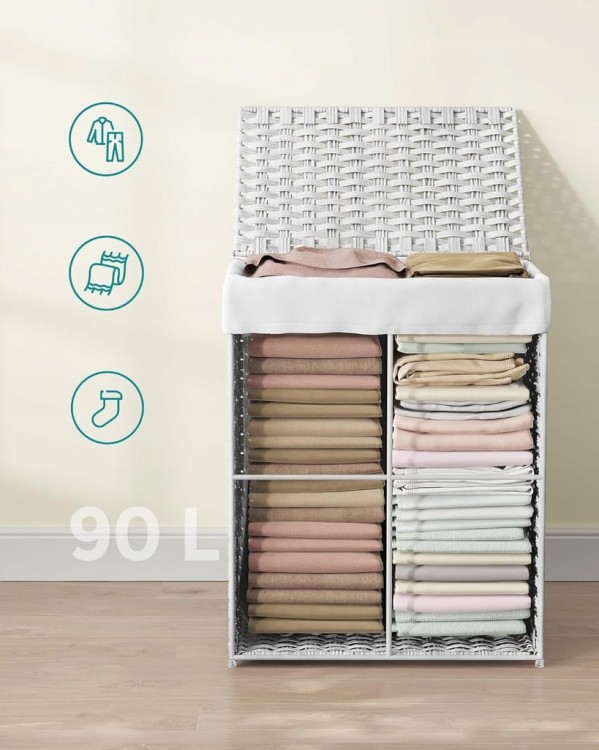 Kosz na pranie ręcznie pleciony, 90 L, syntetyczny rattan, biały SONGMICS