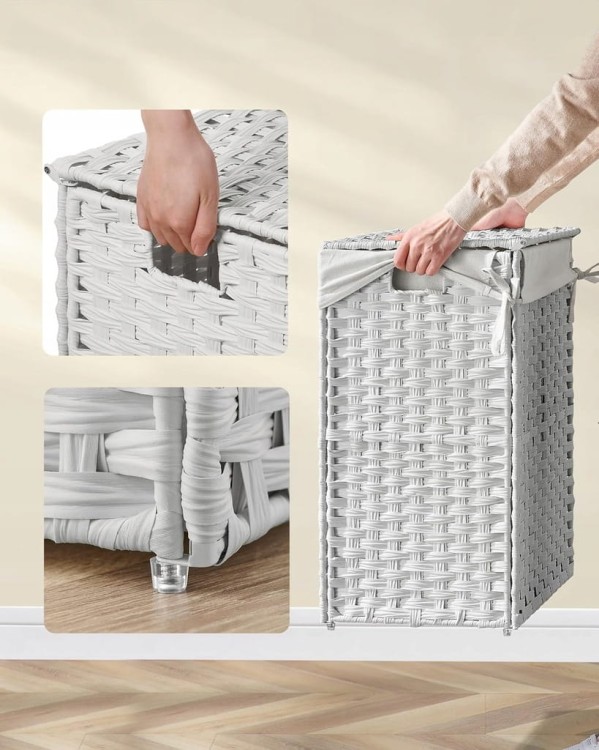 Kosz na pranie ręcznie pleciony, 90 L, syntetyczny rattan, biały SONGMICS