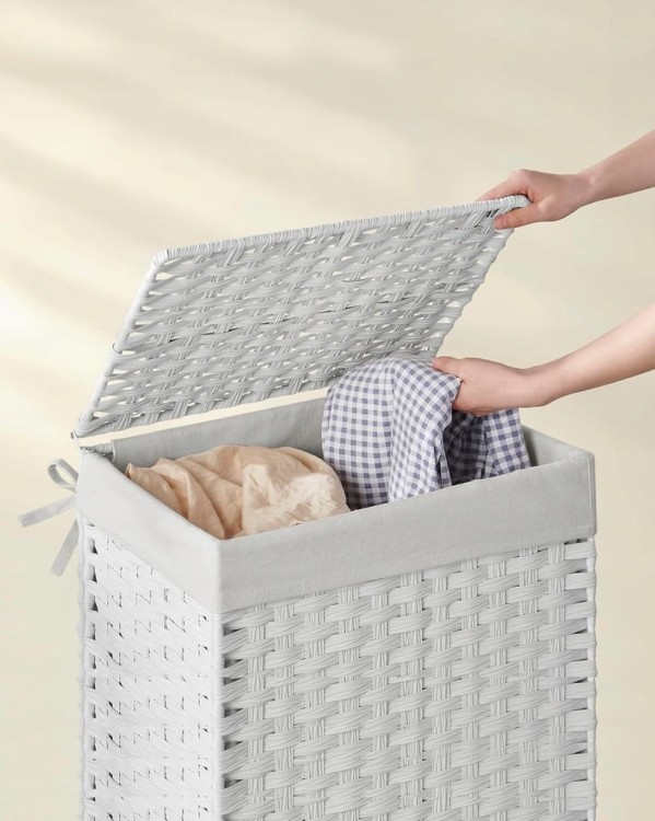 Kosz na pranie ręcznie pleciony, 90 L, syntetyczny rattan, biały SONGMICS