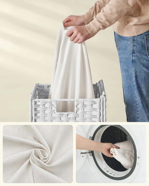 Kosz na pranie ręcznie pleciony, 90 L, syntetyczny rattan, biały SONGMICS