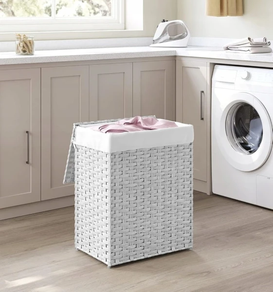 Kosz na pranie ręcznie pleciony, 90 L, syntetyczny rattan, biały SONGMICS