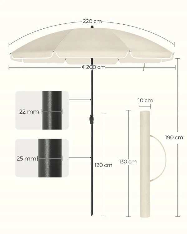 Parasol ogrodowy, plażowy z pokrowcem, 200 cm beżowy SONGMICS