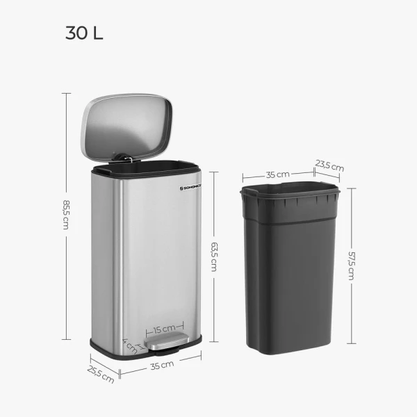 Kosz na śmieci 30L, jednokomorowy, softclose, srebrny SONGMICS