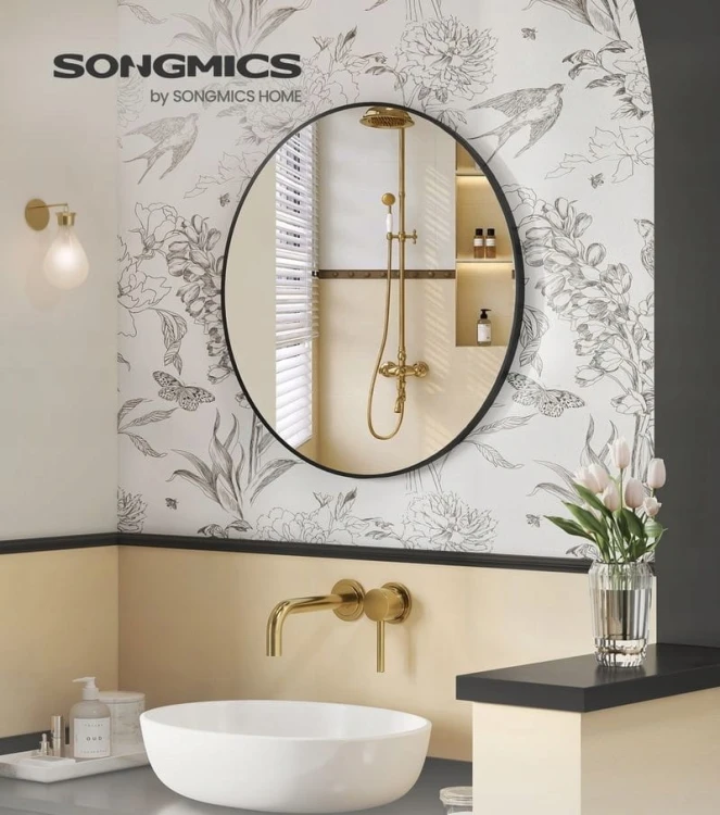 Lustro ścienne 50 cm, okrągłe, czarna metalowa rama SONGMICS