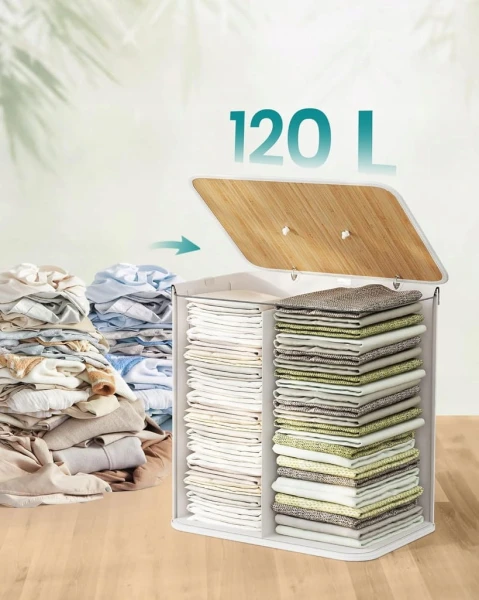 Kosz na pranie bambusowy 120L SONGMICS, z pokrywą, 2 przegrody, biały
