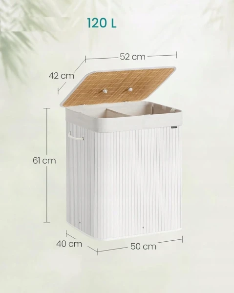 Kosz na pranie bambusowy 120L SONGMICS, z pokrywą, 2 przegrody, biały