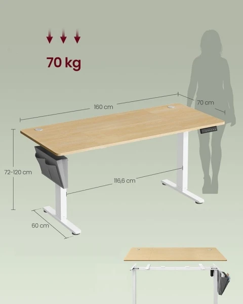 Biurko elektryczne 160 x 70 cm, wysokość 72-120 cm, złoty dąb SONGMICS
