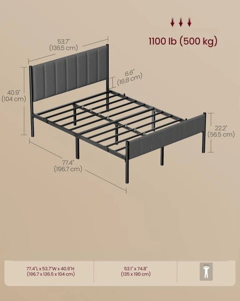 Łóżko metalowe z tapicerowanym zagłówkiem 135x190 cm szare VASAGLE