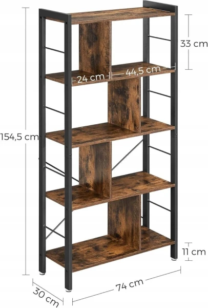 Regał na książki loft 154,5 x 74 x 30 cm, rustykalny brąz, metalowy VASAGLE