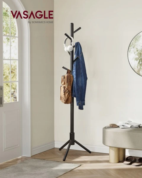 Wieszak stojący drewniany czarny 174,5 cm - 3 wysokości, do 24 kg SONGMICS