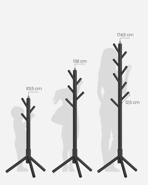 Wieszak stojący drewniany czarny 174,5 cm - 3 wysokości, do 24 kg SONGMICS