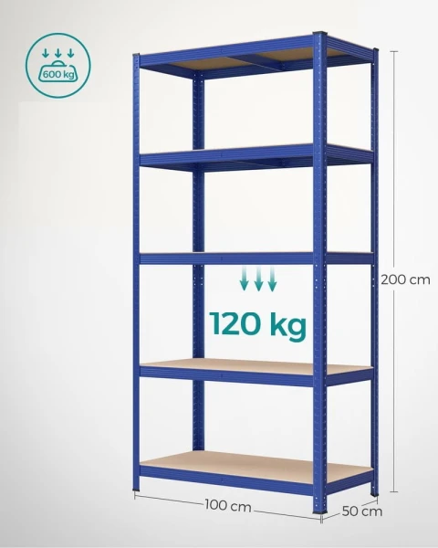 Regał magazynowy SONGMICS 200 x 100 cm, 5 półek, do 600 kg, niebieski