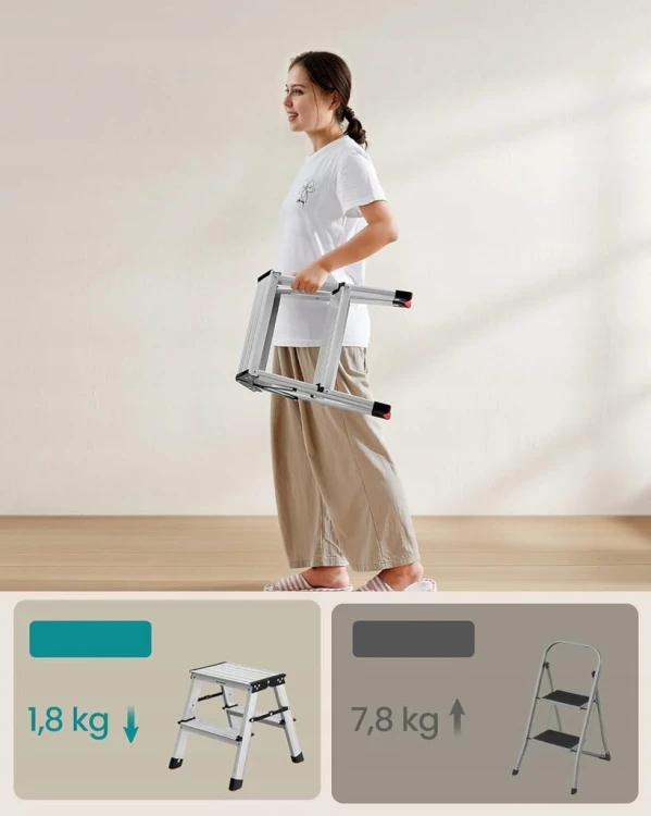 Drabina aluminiowa 2-stopniowa składana, lekka, do 150 kg SONGMICS