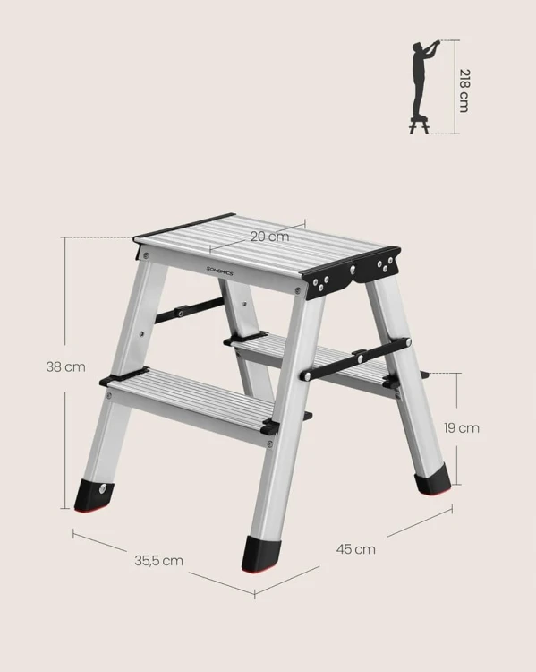 Drabina aluminiowa 2-stopniowa składana, lekka, do 150 kg SONGMICS