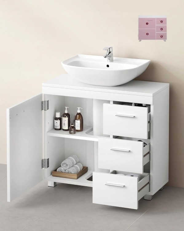 Szafka pod umywalkę VASAGLE 70 x 30 x 64 cm – z 3 szufladami i półką, biała