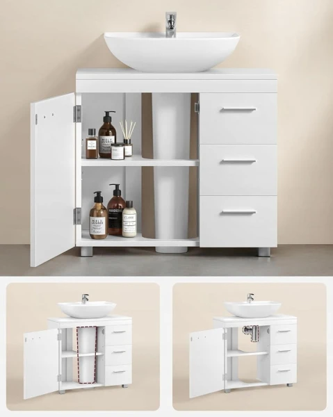 Szafka pod umywalkę VASAGLE 70 x 30 x 64 cm – z 3 szufladami i półką, biała