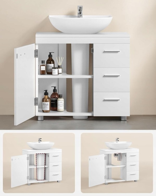 Szafka pod umywalkę VASAGLE 70 x 30 x 64 cm – z 3 szufladami i półką, biała