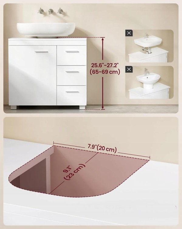 Szafka pod umywalkę VASAGLE 70 x 30 x 64 cm – z 3 szufladami i półką, biała