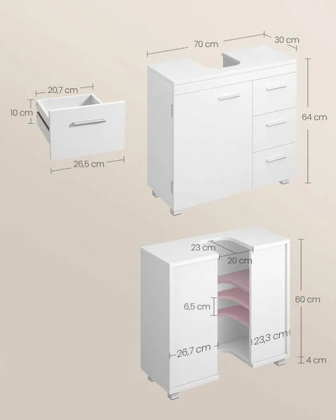 Szafka pod umywalkę VASAGLE 70 x 30 x 64 cm – z 3 szufladami i półką, biała