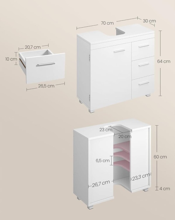 Szafka pod umywalkę VASAGLE 70 x 30 x 64 cm – z 3 szufladami i półką, biała