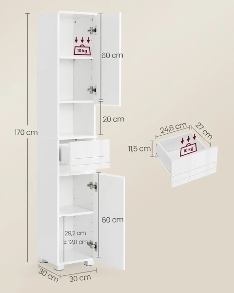 Szafka łazienkowa, kolumna VASAGLE 170 cm biała – z szufladą i półkami
