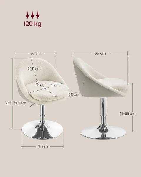 Krzesło obrotowe VASAGLE regulowane, polar + PU, kremowo-białe, do 120 kg