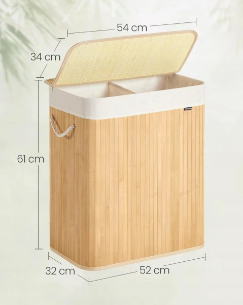 Kosz na pranie SONGMICS 100L, bambusowy, z 2 komorami i pokrywą, naturalny