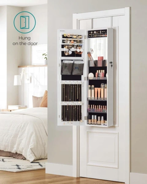 Szafka na biżuterię z lustrem SONGMICS wiszący organizer 2w1, biały