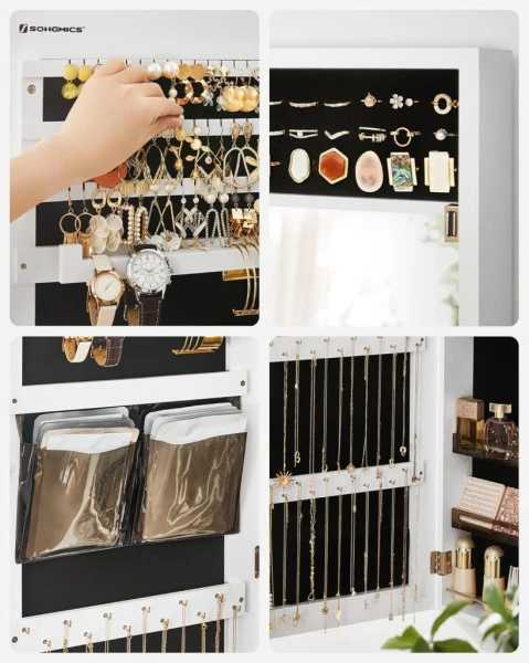 Szafka na biżuterię z lustrem SONGMICS wiszący organizer 2w1, biały