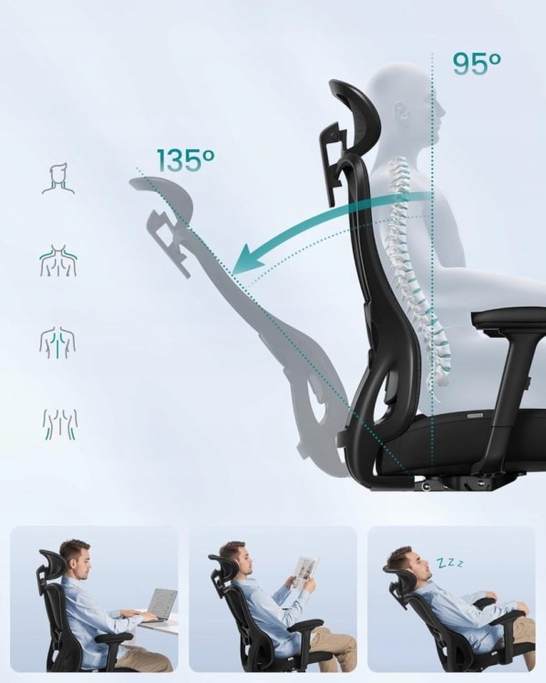Ergonomiczne krzesło biurowe SONGMICS regulacja, siatkowe, zagłówek, czarne