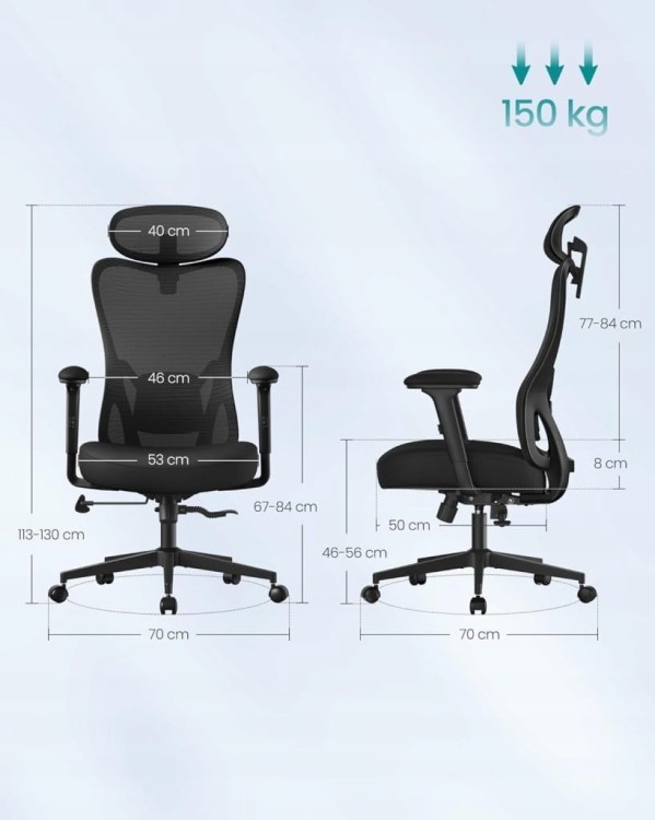 Ergonomiczne krzesło biurowe SONGMICS regulacja, siatkowe, zagłówek, czarne