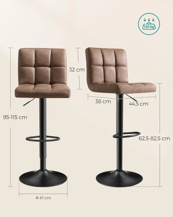 Stołki barowe regulowana wysokość 95-115 cm skóra PU orzech 2 szt. SONGMICS