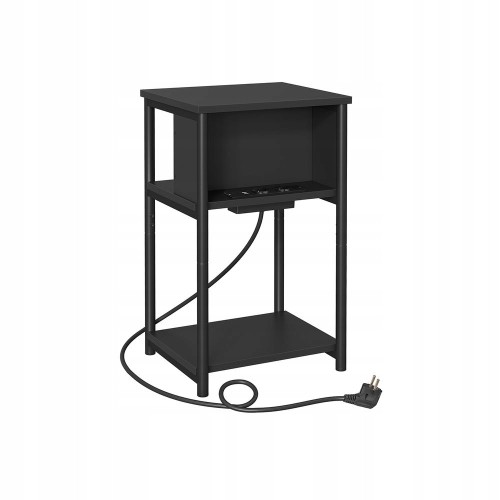 Stolik nocny z listwą zasilającą SONGMICS – 3 półki, USB, do 30 kg, czarny