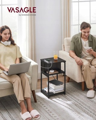 Stolik nocny z listwą zasilającą SONGMICS – 3 półki, USB, do 30 kg, czarny
